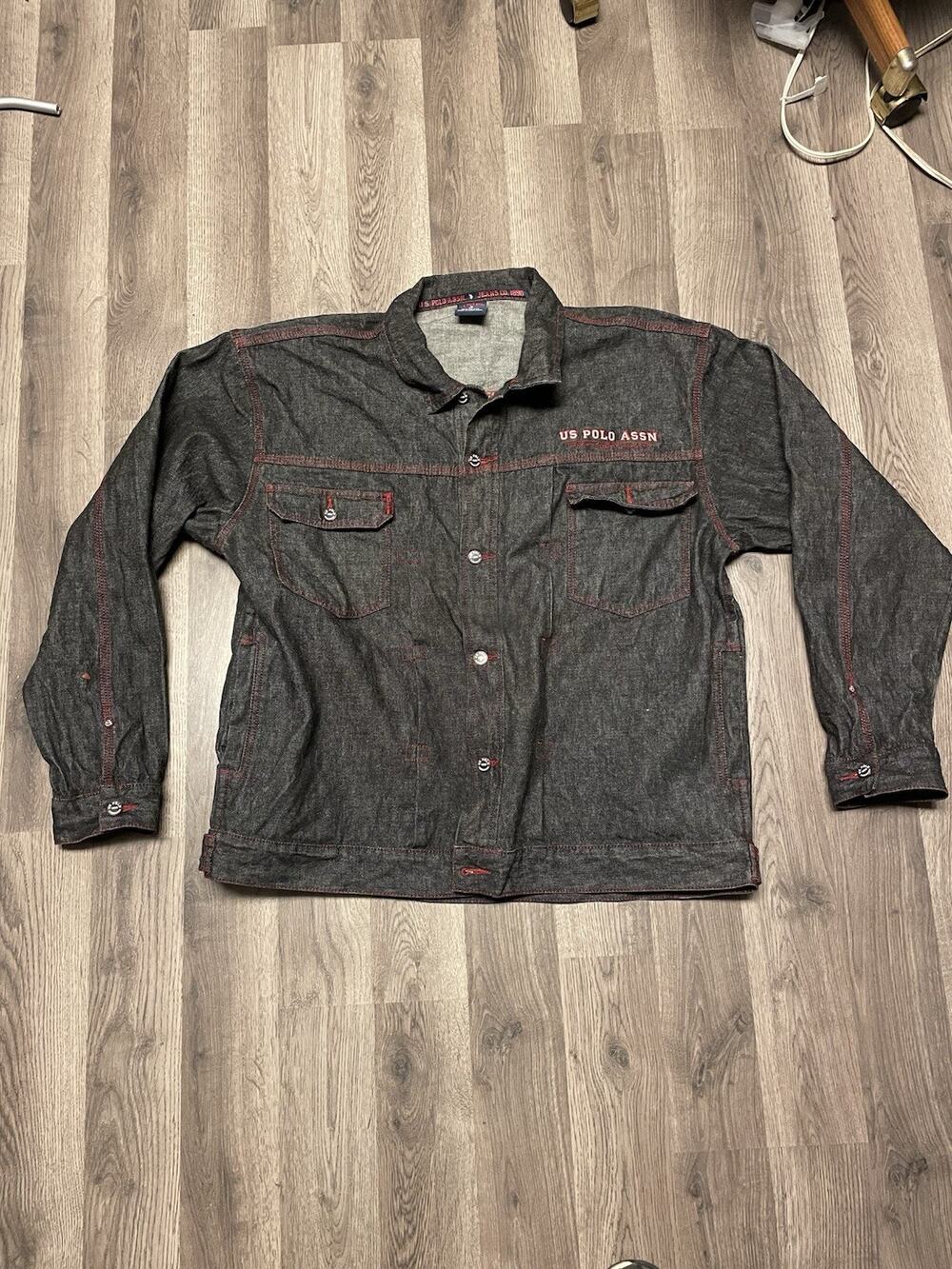 Vintage US Polo Assn Black Denim Jacket Medium Red Stitch Y2K Baggy